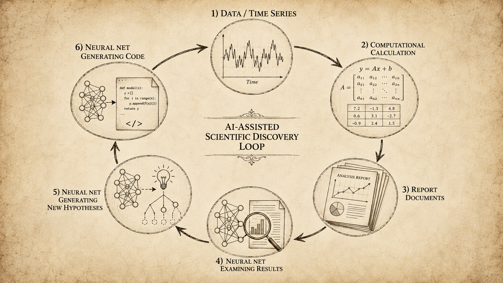 An ink-wash figure of an AI scientist amid equations, instruments, and branching diagrams — machine reasoning joining the work of scientific discovery.