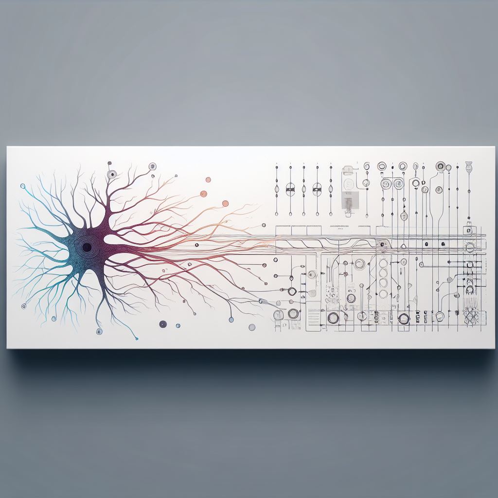 A dendritic neuron in ink-wash flowing into a precise schematic circuit — the brand thesis: organic concept becoming structural paper.